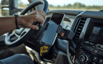 Detail of truck cab, person while driving